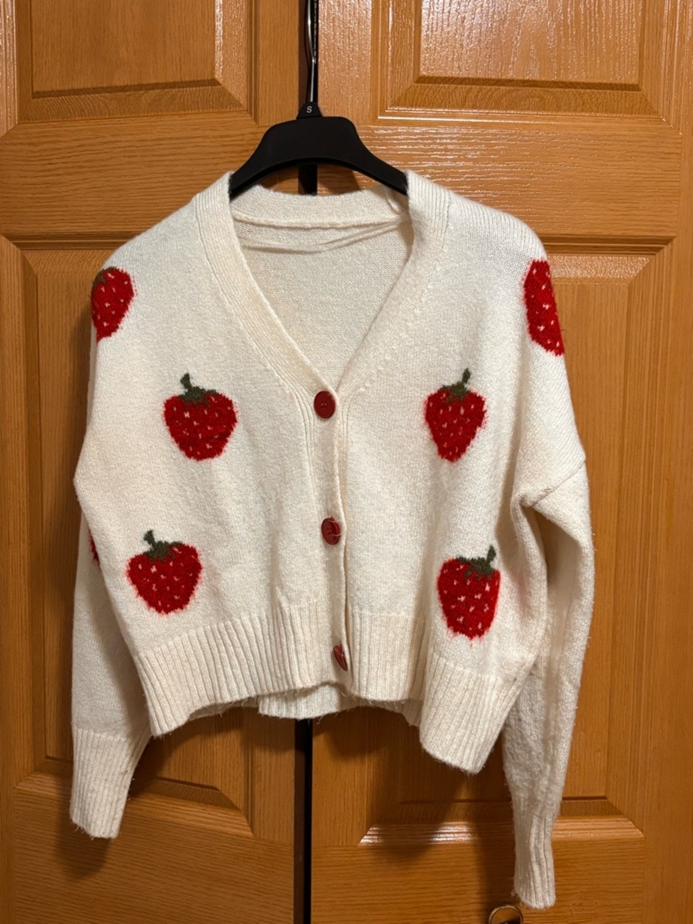 Cream Cardigan Sweater with Red Strawberry Motif